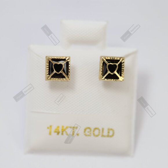 Joyas Ramirez Jewelry - 5mm Solid 14K Gold Square Stud Earrings with Black Heart Center • Elegant Design
